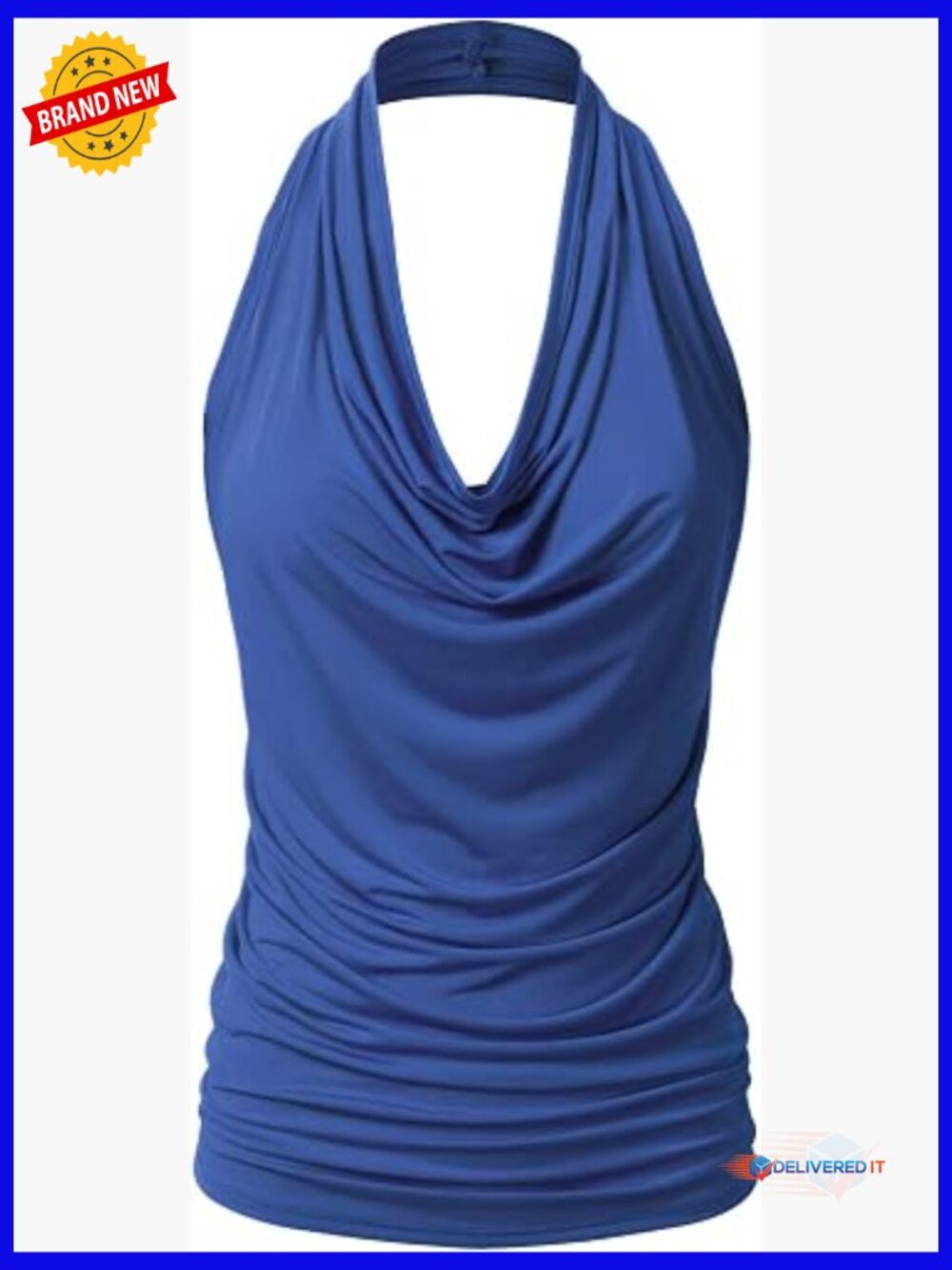 Halter Neck Draped Front Open Back Sexy Tank Top S-3XL Stretchy Blouse
